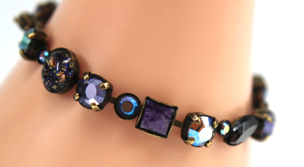 Tennis Bracelet Multi Shaped Beads & Rhinestone AB Glass Purple Blue 7" Long